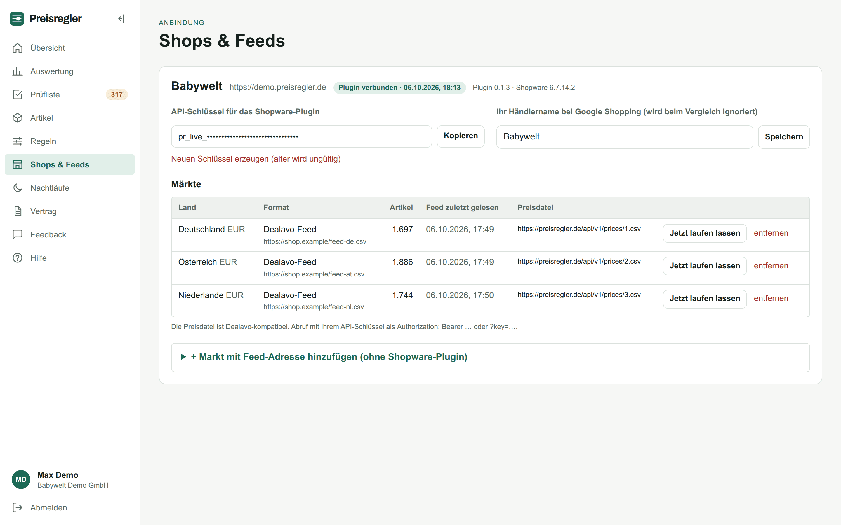 Seite Shops & Feeds mit Märkten und API-Schlüssel